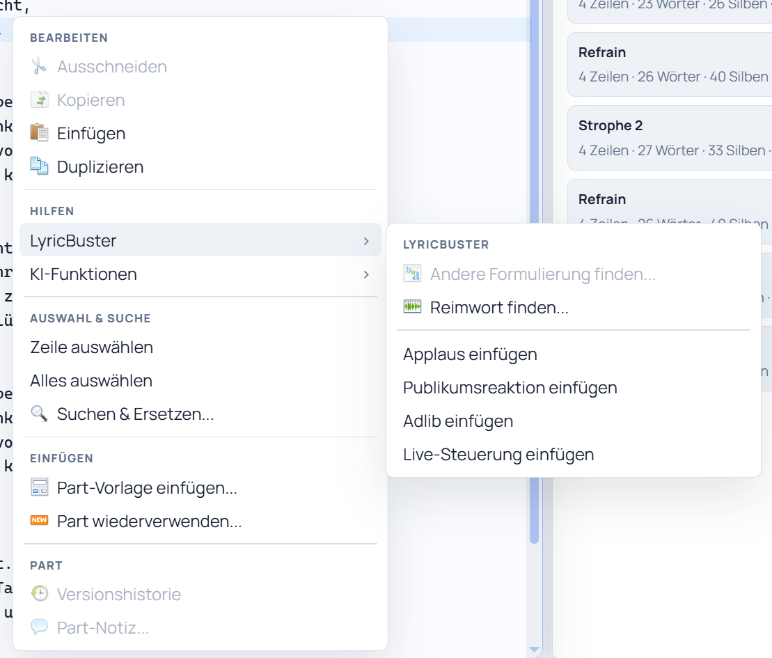 LyricBuster Kontextmenü für Ideen und Werkzeuge