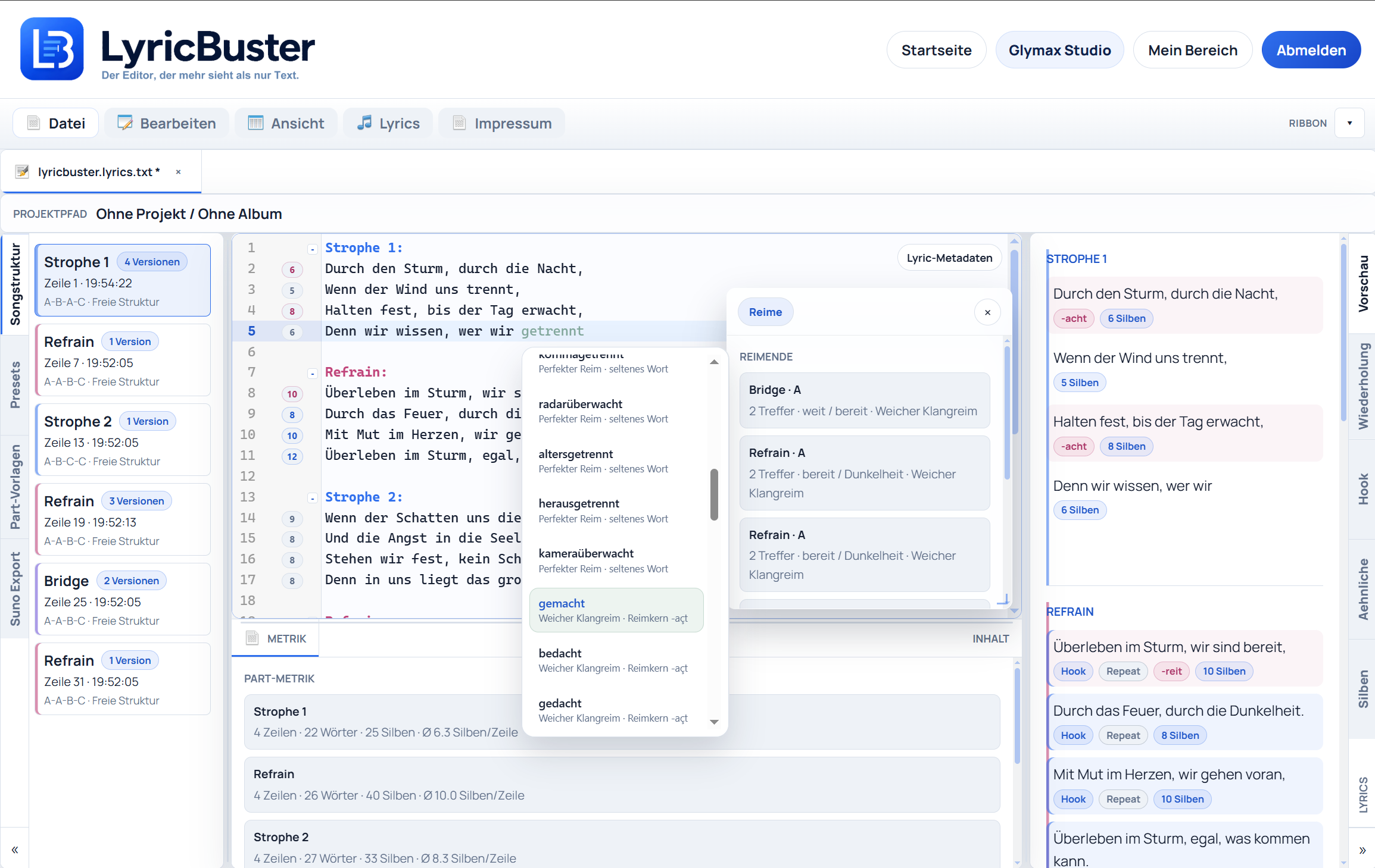 LyricBuster Editor mit Songstruktur und Schreibbereich
