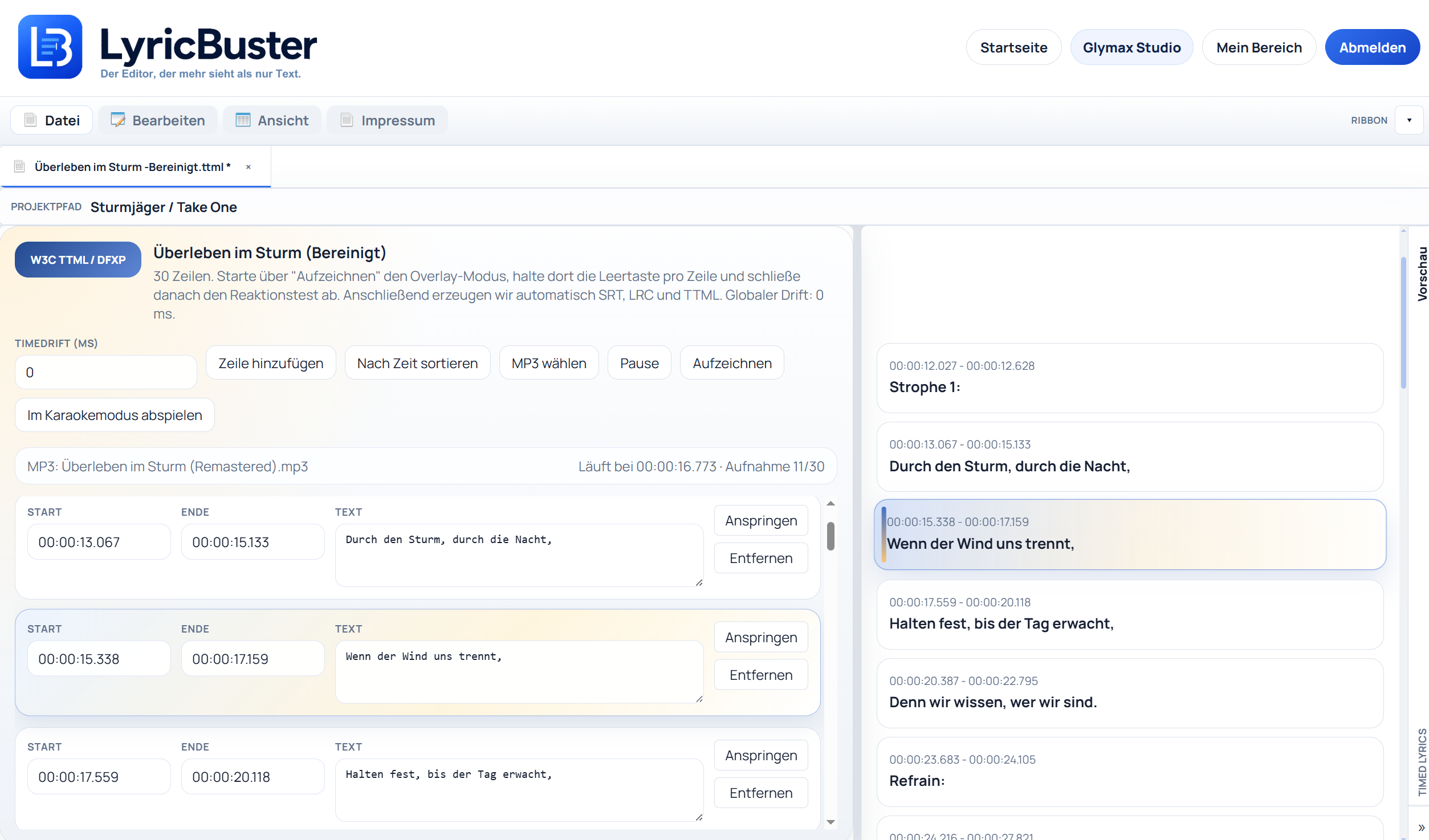 LyricBuster mit Timed Lyrics Ansicht